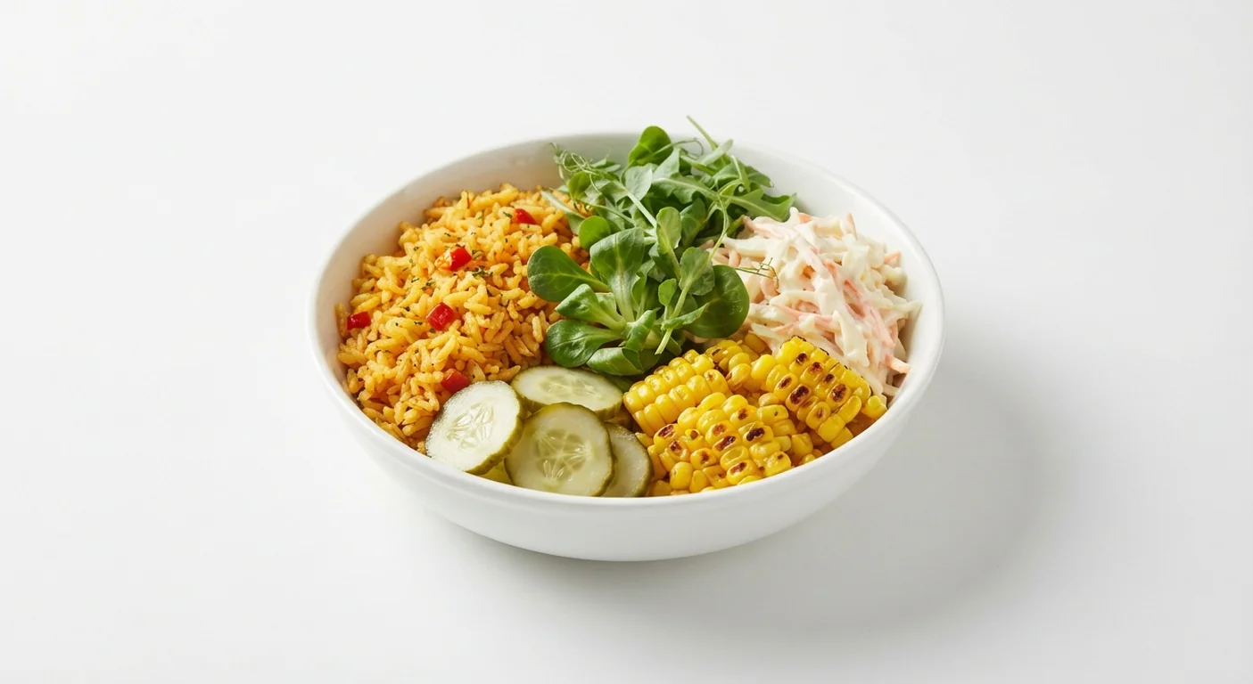 Nando's Sol Bowl, spicy rice with coleslaw, charred corn, salad leaves and pickled cucumber in a white bowl, nutrition and calories