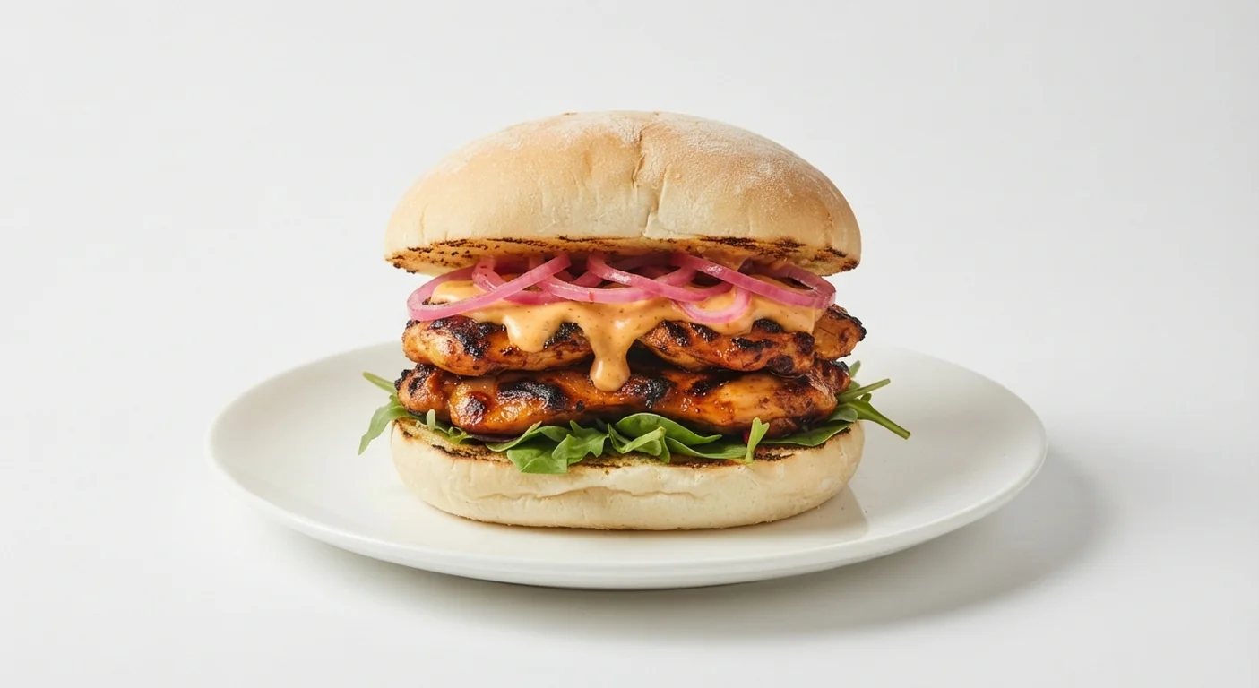 Nando's Garlic Churrasco Burger, two chicken thighs with pickled pink onions and churrasco PERinaise in a garlic bread bun on a white plate, nutrition and calories