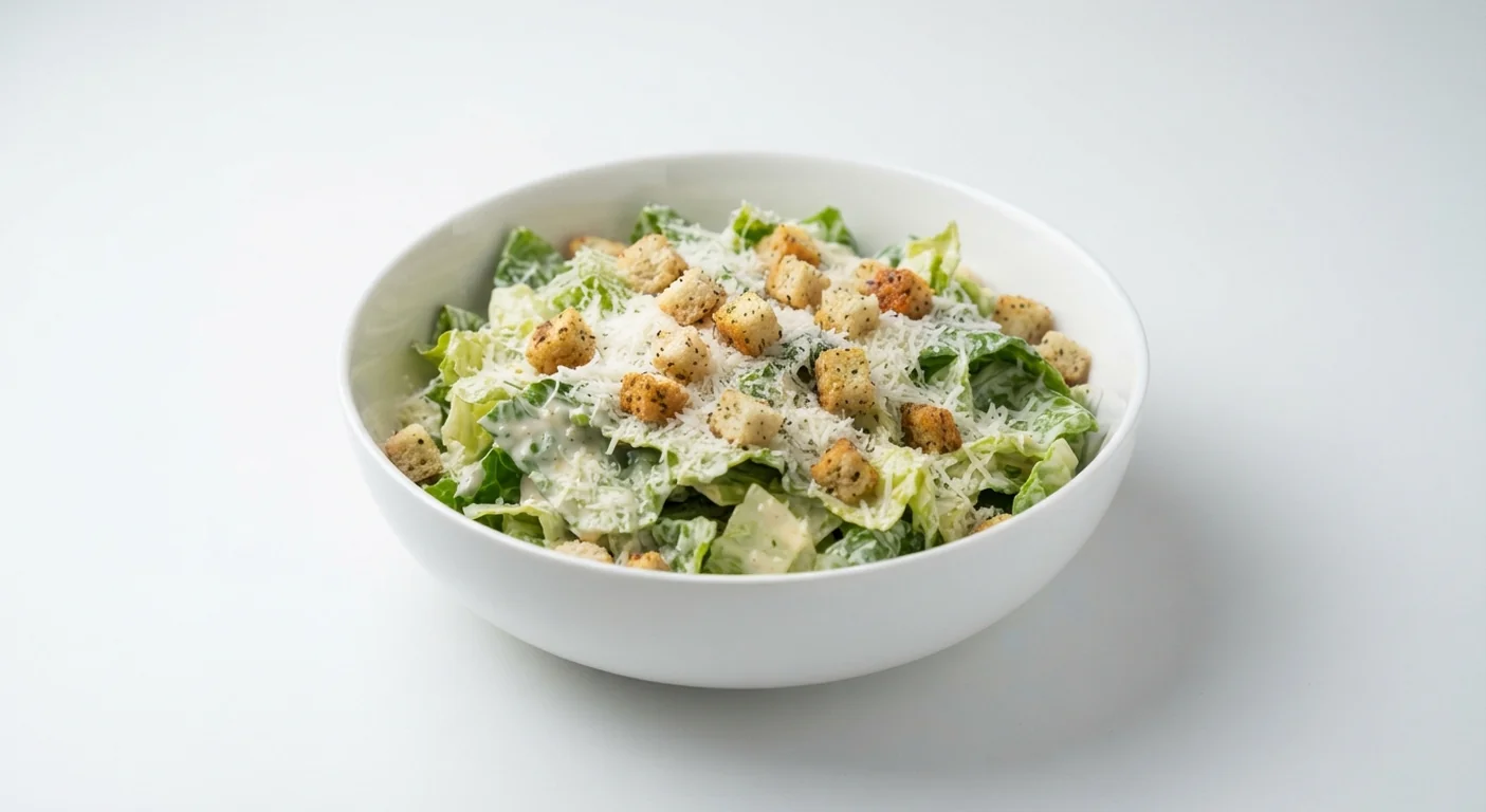 Nando's Caesar Salad, cos lettuce in creamy dressing with grated Italian hard cheese and herby croutons in a white bowl, nutrition and calories
