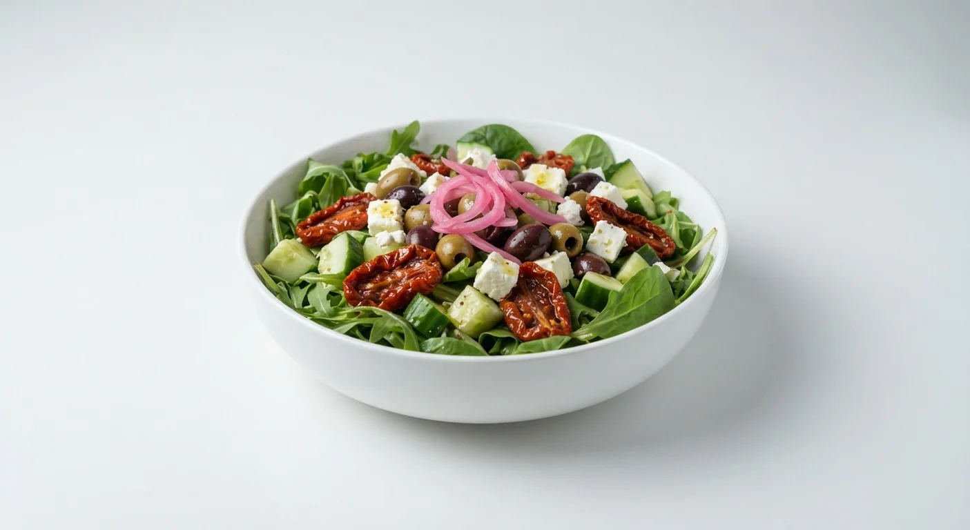 Nando's Mediterranean Salad, mixed leaves with feta, semi-dried tomatoes, olives, cucumber and pickled red onion in a white bowl, nutrition and calories