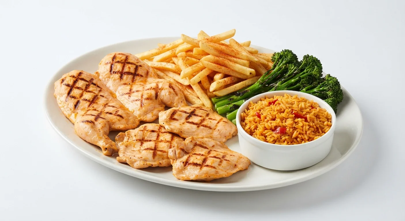 Nando's Boneless Platter, flame-grilled PERi-PERi chicken butterfly and boneless thighs with PERi-salted chips, Tenderstem broccoli and spicy rice on a white platter, nutrition and calories