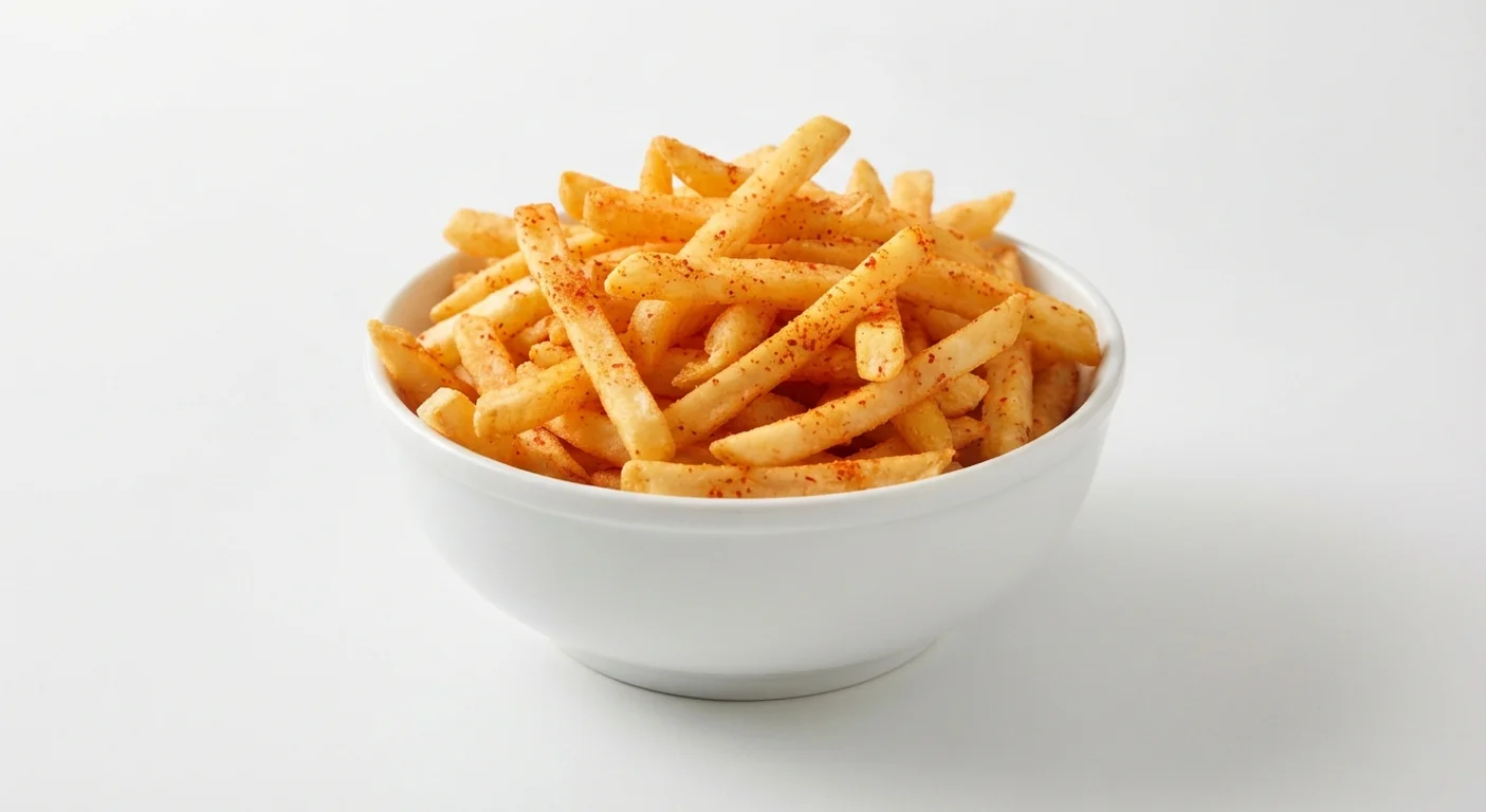 Nando's PERi-Salted Chips, straight-cut chips dusted with red PERi-PERi salt in a white bowl, nutrition and calories