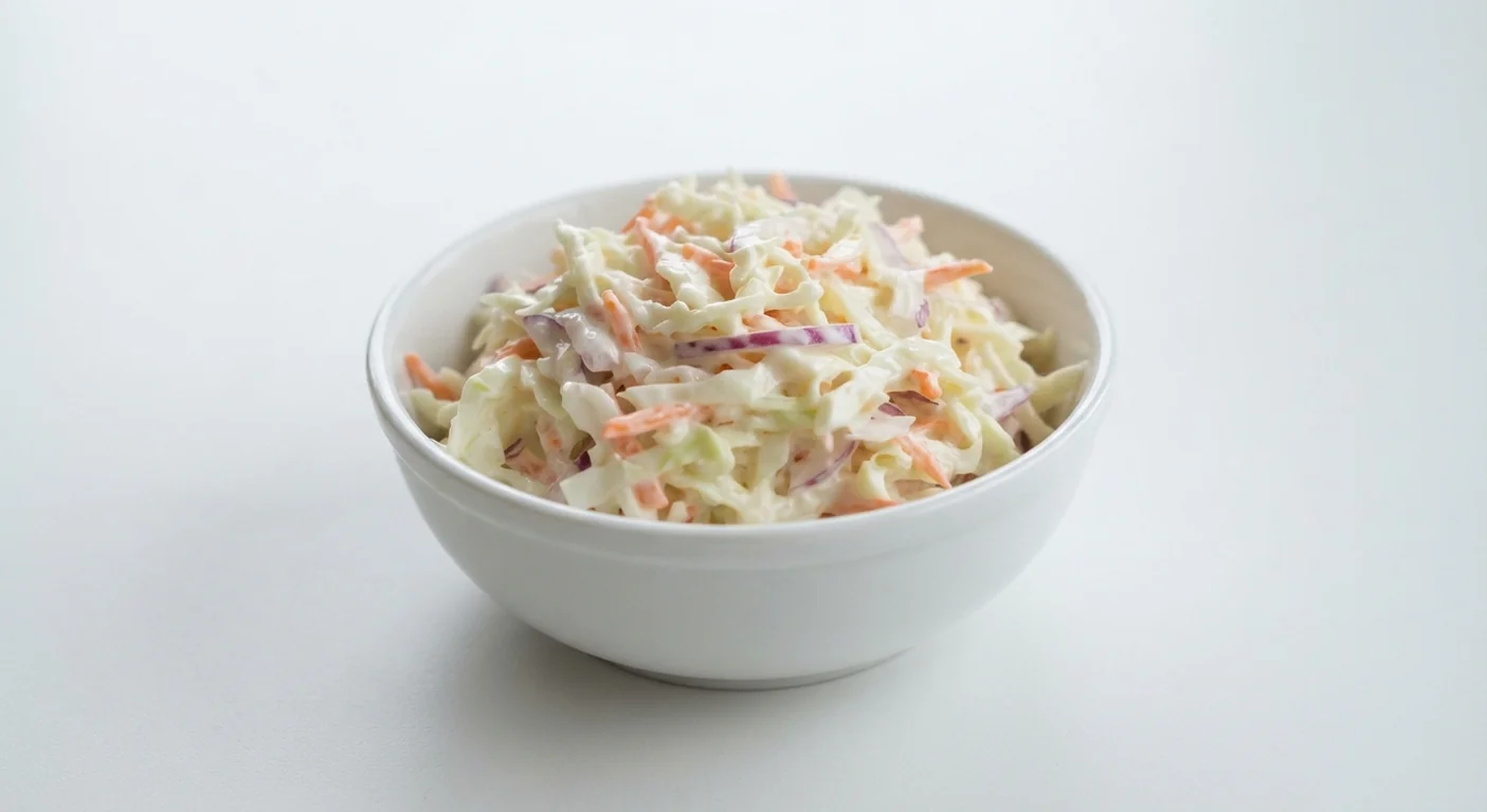 Nando's Coleslaw, creamy shredded cabbage and carrot coleslaw in a white bowl, nutrition and calories