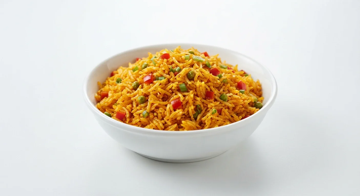 Nando's Spicy Rice, spiced orange rice with red pepper, peas and spring onion in a white bowl, nutrition and calories