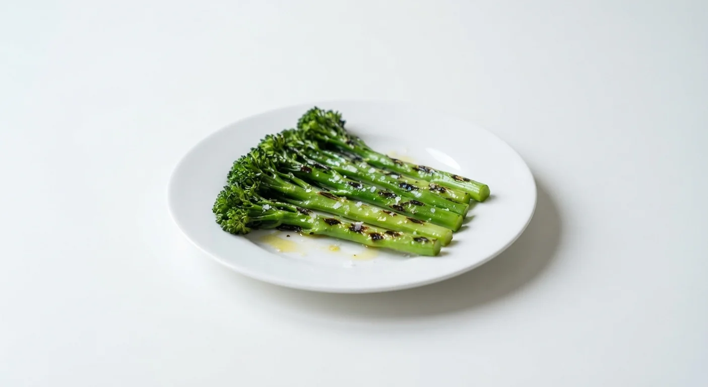Nando's Tenderstem Broccoli, chargrilled Tenderstem broccoli stems with olive oil on a white plate, nutrition and calories