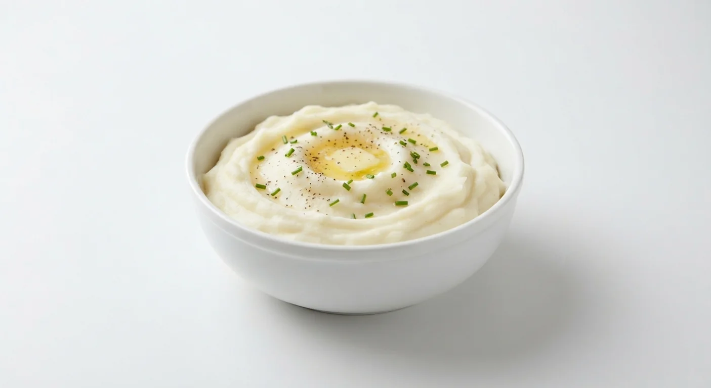 Nando's Creamy Mash, smooth mashed potato with butter, black pepper and chives in a white bowl, nutrition and calories