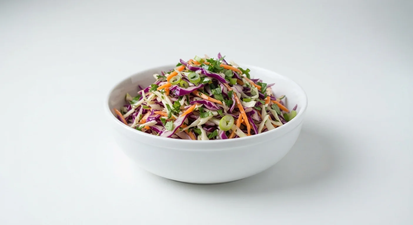 Nando's Rainbow Slaw, shredded red cabbage, white cabbage, carrot and spring onion in a white bowl, nutrition and calories