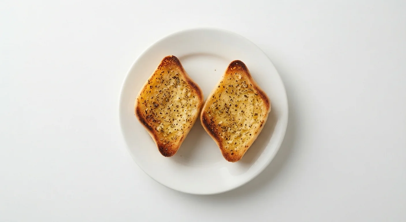 Nando's Garlic Bread, two toasted slices with garlic butter and herbs on a white plate, nutrition and calories