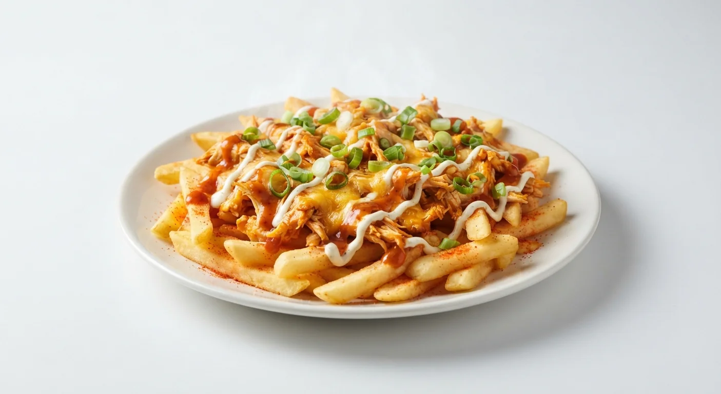 Nando's Fully Loaded Chips, PERi-salted chips with pulled chicken, melted cheddar, PERi-Tamer and spring onion on a white plate, nutrition and calories