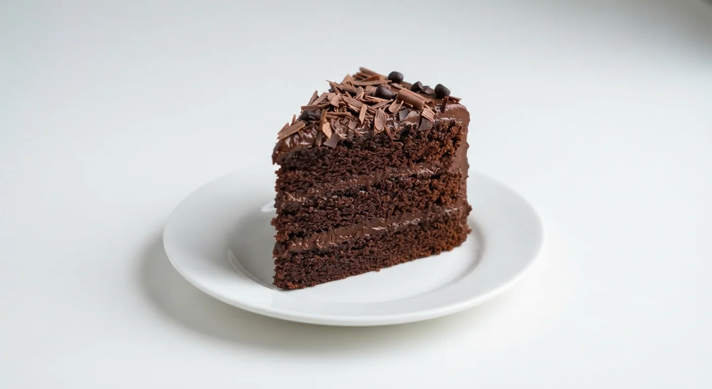 Nando's Choc-A-Lot Cake, layered chocolate cake with fudge frosting and chocolate shavings on a white plate, nutrition and calories
