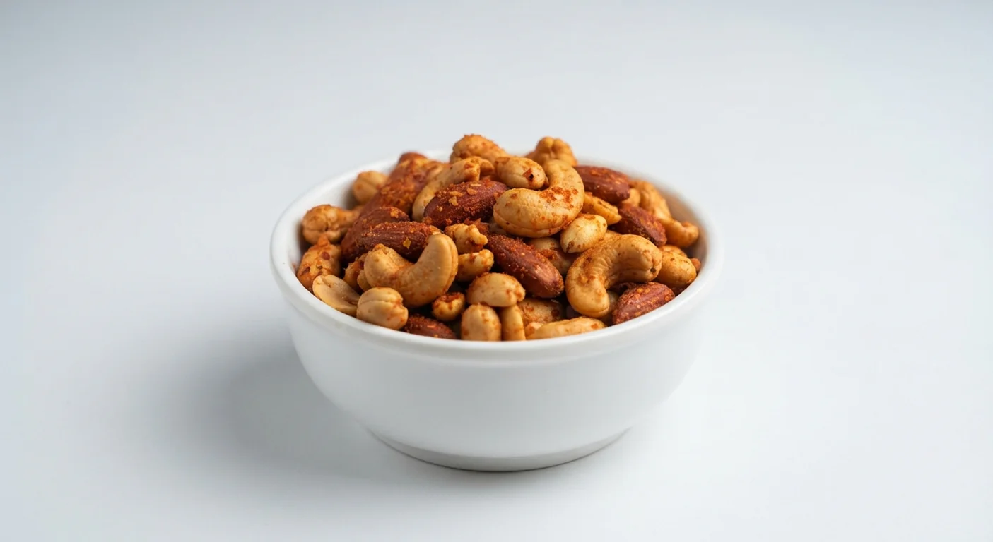 Nando's PERi-PERi Nuts, roasted mixed nuts in PERi-PERi seasoning in a white bowl, nutrition and calories