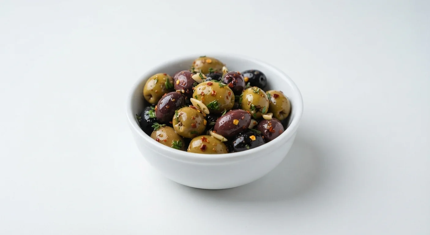 Nando's Spicy Mixed Olives, green and black olives with chilli, garlic and herbs in a white bowl, nutrition and calories