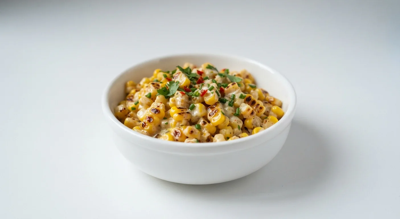 Nando's Charred Corn, charred sweetcorn in a creamy garlic sauce with herbs in a white bowl, nutrition and calories