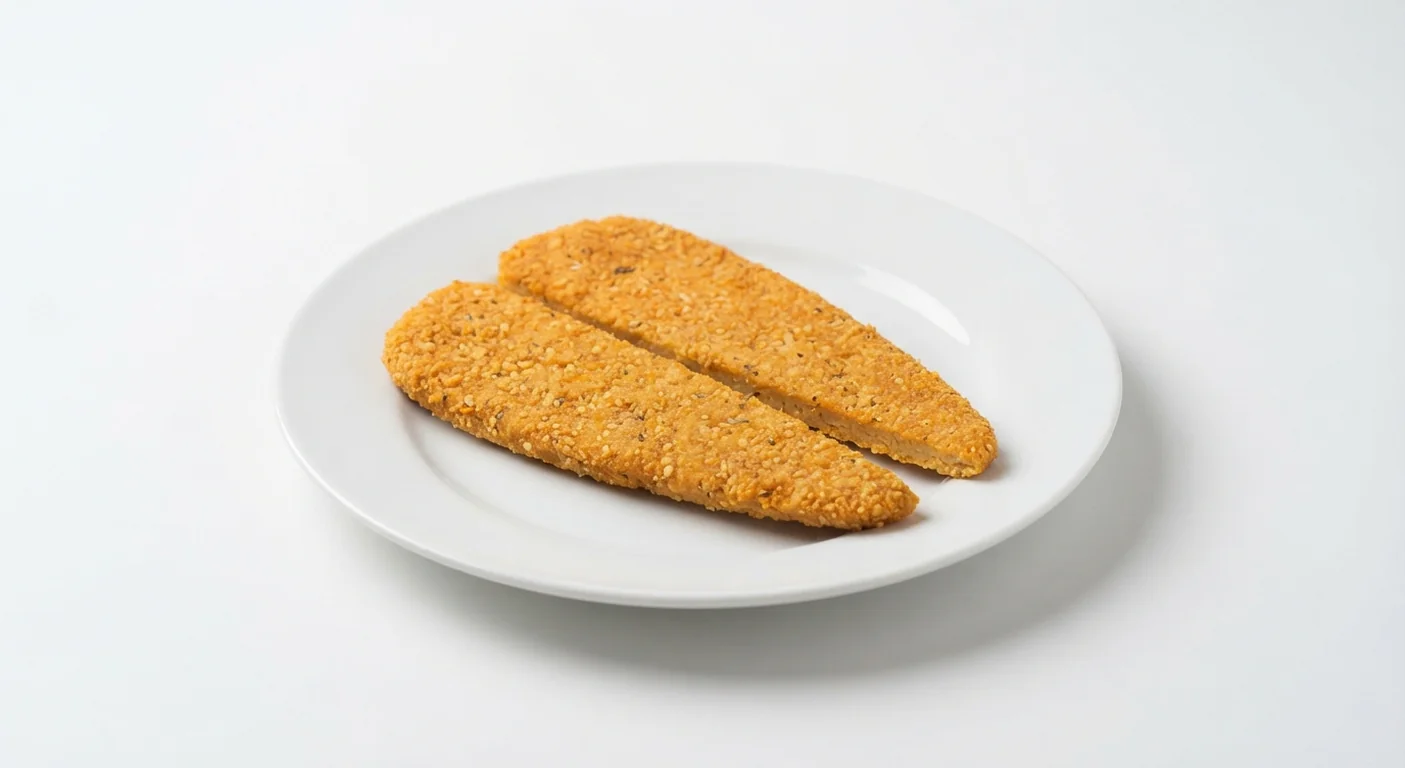Nando's PERi-Plant Fillet, plant-based pea protein fillet with a golden coating, cut in half on a white plate, nutrition and calories