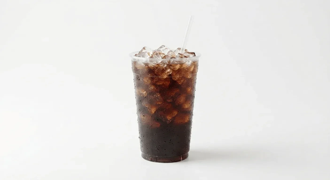 Slim Chickens Coca-Cola 330ml Can, cola over ice in a clear cup with a straw, nutrition and calories