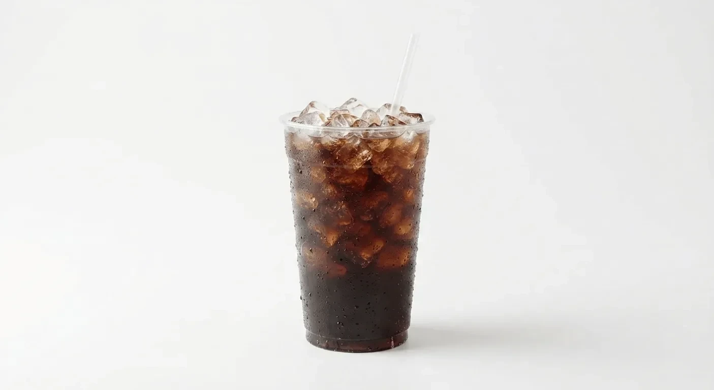 Dave's Hot Chicken Regular Diet Coke, cola over ice in a clear cup with a straw, nutrition and calories