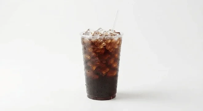Slim Chickens Cherry Coke 330ml Can, cola over ice in a clear cup with a straw, nutrition and calories