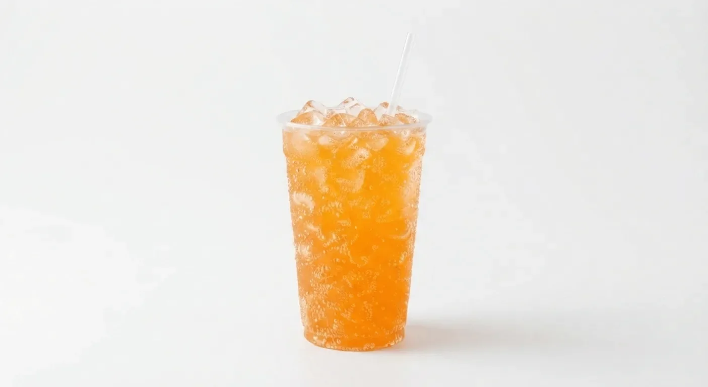 Dave's Hot Chicken Large Fanta, orange Fanta over ice in a clear cup with a straw, nutrition and calories