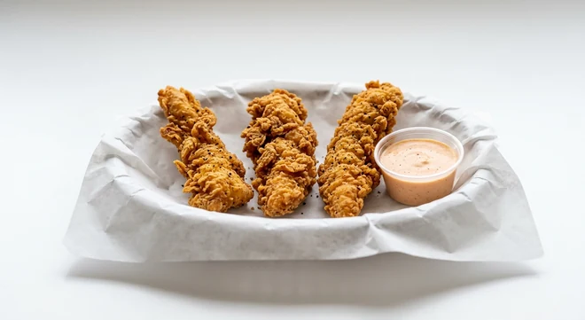 Slim Chickens 3 Tenders, three hand-breaded fried chicken tenders with a Slims Sauce dip on white paper, nutrition and calories