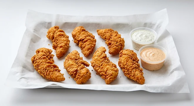 Slim Chickens 7 Tenders, seven hand-breaded fried chicken tenders with House Ranch and Cayenne Ranch dips on white paper, nutrition and calories