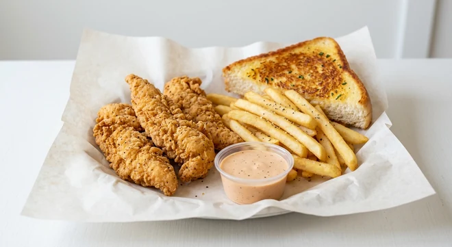 Slim Chickens 3 Tenders Meal, three hand-breaded fried chicken tenders with seasoned fries, Texas Toast and a Slims Sauce dip on white paper, nutrition and calories
