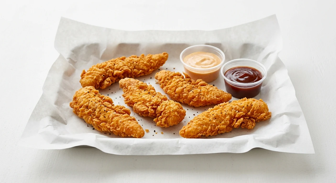 Slim Chickens 5 Tenders, five hand-breaded fried chicken tenders with Slims Sauce and Honey BBQ dips on white paper, nutrition and calories