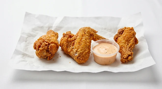 Slim Chickens 3 Crispy Wings, three hand-breaded fried chicken wings with a Slims Sauce dip on white paper, nutrition and calories