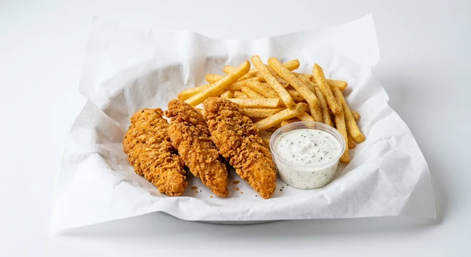 Slim Chickens Plant Based 3 Tenders Meal, three breaded plant-based tenders with seasoned fries and a House Ranch dip on white paper, nutrition and calories