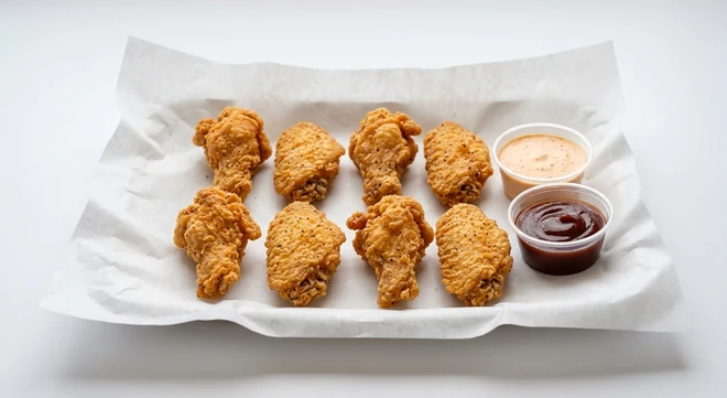 Slim Chickens 8 Crispy Wings, eight hand-breaded fried chicken wings with Cayenne Ranch and Honey BBQ dips on white paper, nutrition and calories