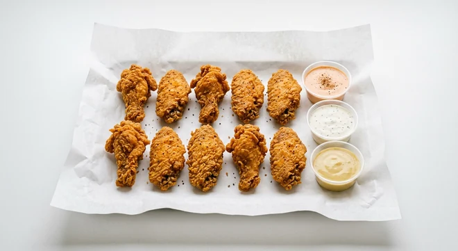 Slim Chickens 10 Crispy Wings, ten hand-breaded fried chicken wings with Slims Sauce, House Ranch and Honey Mustard dips on white paper, nutrition and calories