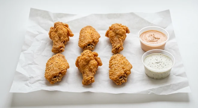 Slim Chickens 6 Crispy Wings, six hand-breaded fried chicken wings with Slims Sauce and House Ranch dips on white paper, nutrition and calories