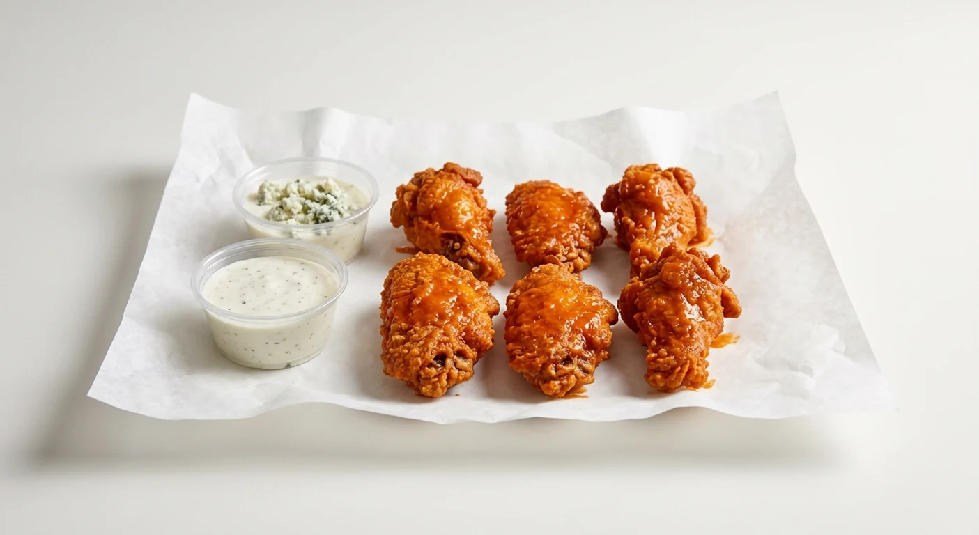 Slim Chickens 6 Buffalo Wings, six crispy chicken wings tossed in buffalo hot sauce with Blue Cheese and House Ranch dips on white paper, nutrition and calories