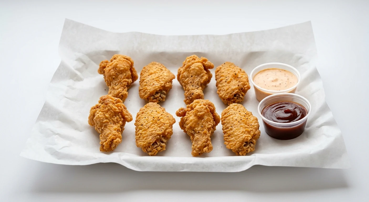 Slim Chickens 8 Crispy Wings, eight hand-breaded fried chicken wings with Cayenne Ranch and Honey BBQ dips on white paper, nutrition and calories