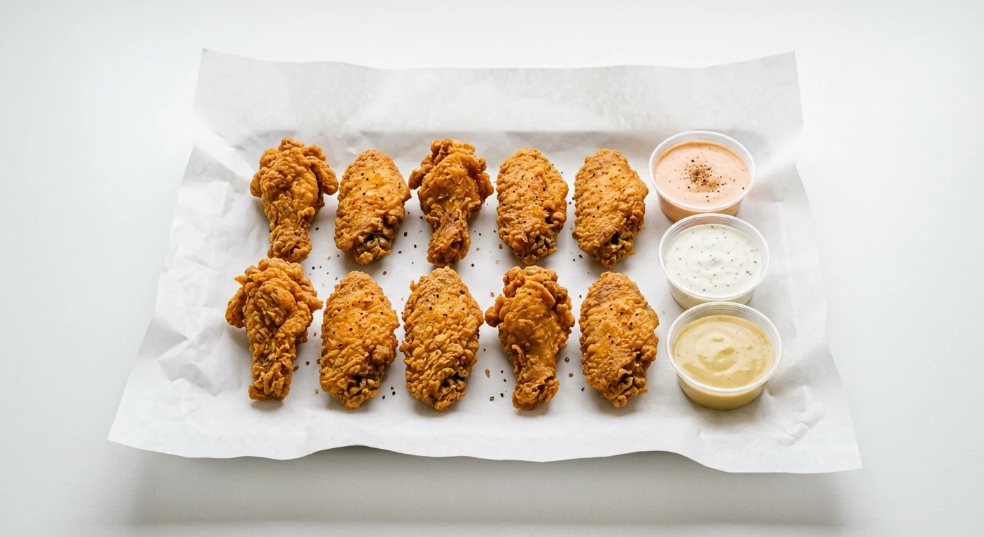 Slim Chickens 10 Crispy Wings, ten hand-breaded fried chicken wings with Slims Sauce, House Ranch and Honey Mustard dips on white paper, nutrition and calories