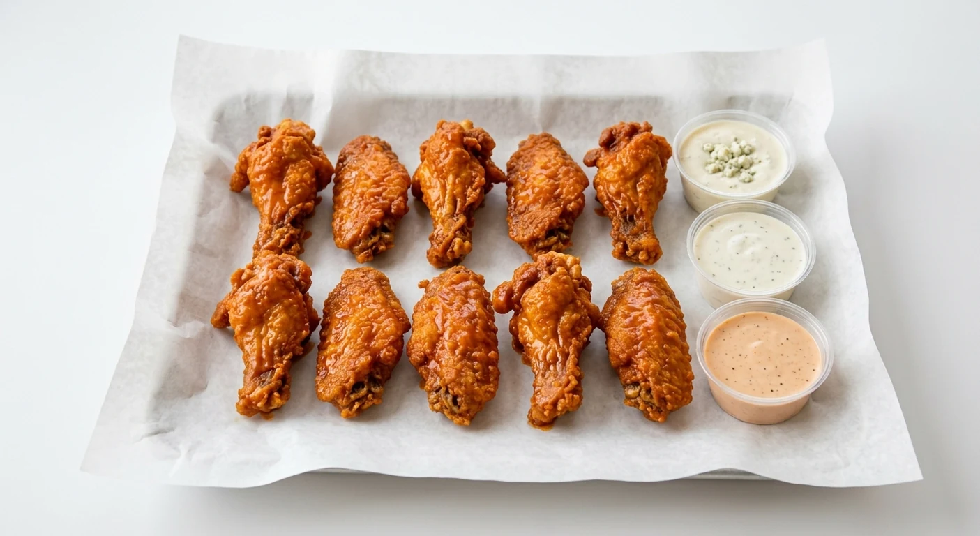Slim Chickens 10 Buffalo Wings, ten crispy chicken wings tossed in buffalo hot sauce with Blue Cheese, House Ranch and Slims Sauce dips on white paper, nutrition and calories