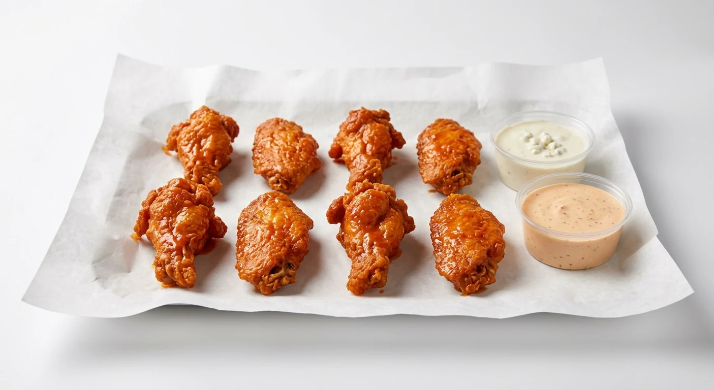 Slim Chickens 8 Buffalo Wings, eight crispy chicken wings tossed in buffalo hot sauce with Blue Cheese and Cayenne Ranch dips on white paper, nutrition and calories