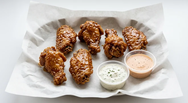 Slim Chickens 6 Honey BBQ Wings, six crispy chicken wings glazed in honey barbecue sauce with House Ranch and Slims Sauce dips on white paper, nutrition and calories