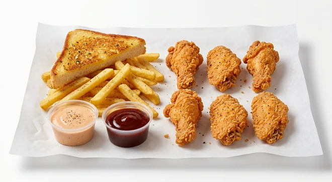 Slim Chickens 6 Crispy Wings Meal, six hand-breaded fried chicken wings with seasoned fries, Texas Toast, Slims Sauce and Honey BBQ dips on white paper, nutrition and calories