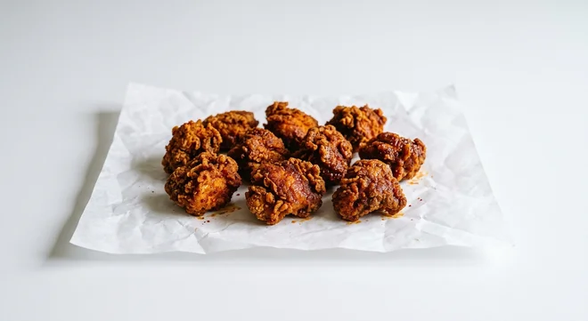 Dave's Hot Chicken US Dave's Bites (10 pc), ten spiced hot chicken bites on white paper, nutrition and calories