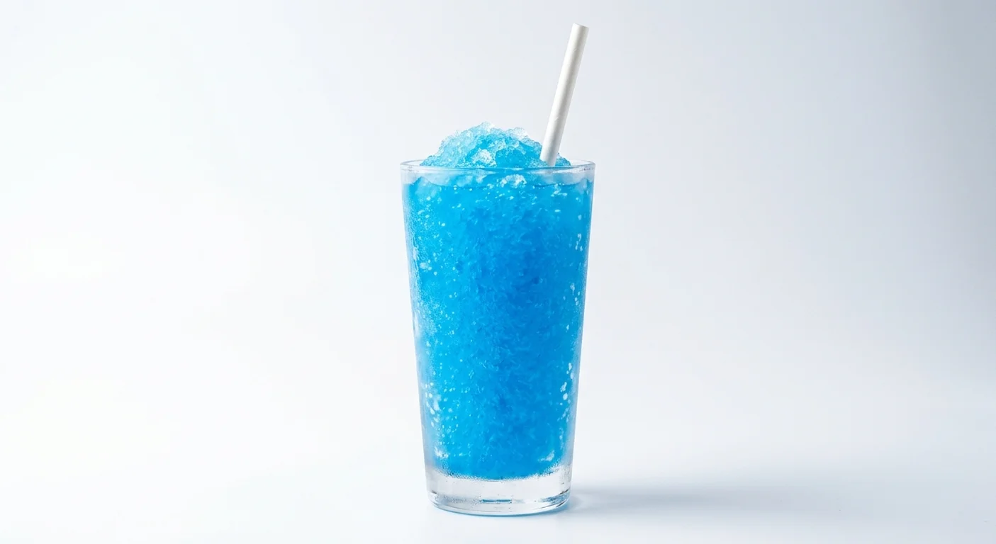 Dave's Hot Chicken Blue Raspberry Slusher, blue raspberry frozen slush in a tall clear glass, nutrition and calories