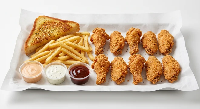 Slim Chickens 10 Crispy Wings Meal, ten hand-breaded fried chicken wings with seasoned fries, Texas Toast, Slims Sauce, House Ranch and Honey BBQ dips on white paper, nutrition and calories