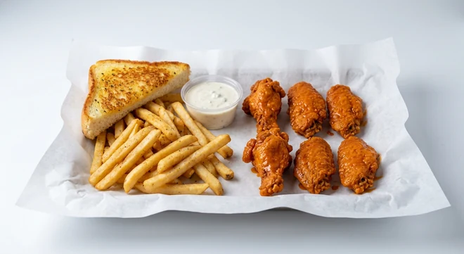 Slim Chickens 6 Buffalo Wings Meal, six crispy chicken wings tossed in buffalo hot sauce with seasoned fries, Texas Toast and a Blue Cheese dip on white paper, nutrition and calories