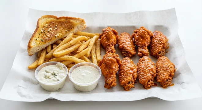 Slim Chickens 8 Buffalo Wings Meal, eight crispy chicken wings tossed in buffalo hot sauce with seasoned fries, Texas Toast, Blue Cheese and House Ranch dips on white paper, nutrition and calories