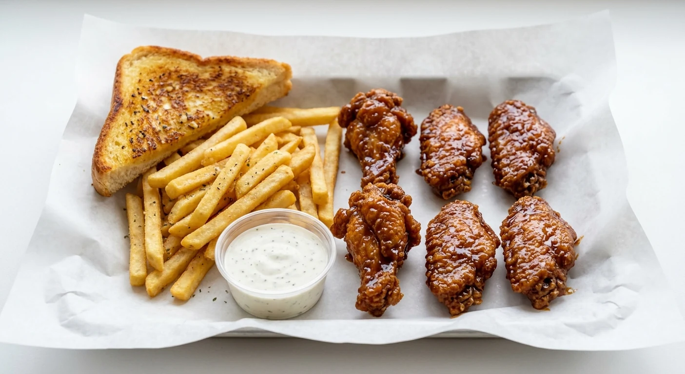 Slim Chickens 6 Honey BBQ Wings Meal, six crispy chicken wings glazed in honey barbecue sauce with seasoned fries, Texas Toast and a House Ranch dip on white paper, nutrition and calories