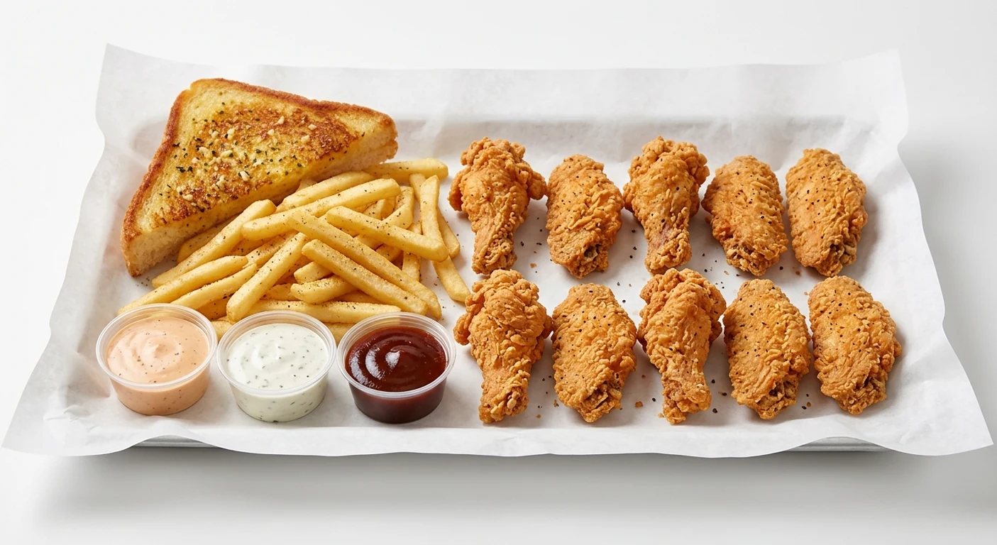 Slim Chickens 10 Crispy Wings Meal, ten hand-breaded fried chicken wings with seasoned fries, Texas Toast, Slims Sauce, House Ranch and Honey BBQ dips on white paper, nutrition and calories