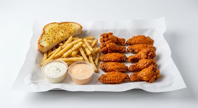 Slim Chickens 10 Buffalo Wings Meal, ten crispy chicken wings tossed in buffalo hot sauce with seasoned fries, Texas Toast, Blue Cheese and Cayenne Ranch dips on white paper, nutrition and calories