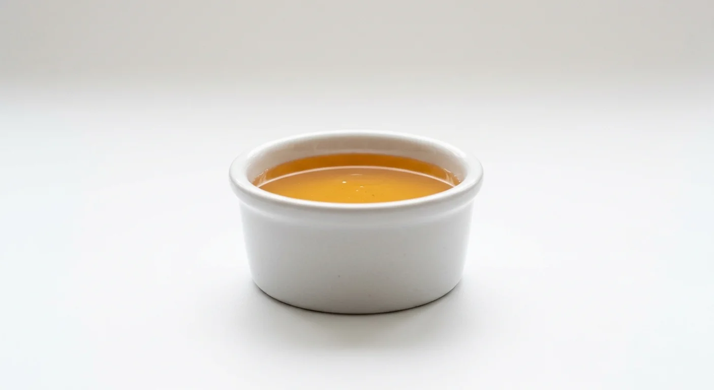 Dave's Hot Chicken Honey Sachet, runny golden honey in a white ramekin, nutrition and calories