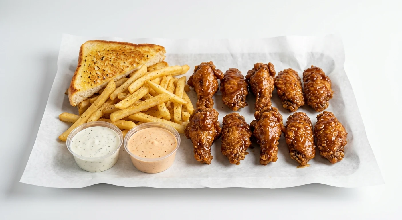 Slim Chickens 10 Honey BBQ Wings Meal, ten crispy chicken wings glazed in honey barbecue sauce with seasoned fries, Texas Toast, House Ranch and Cayenne Ranch dips on white paper, nutrition and calories