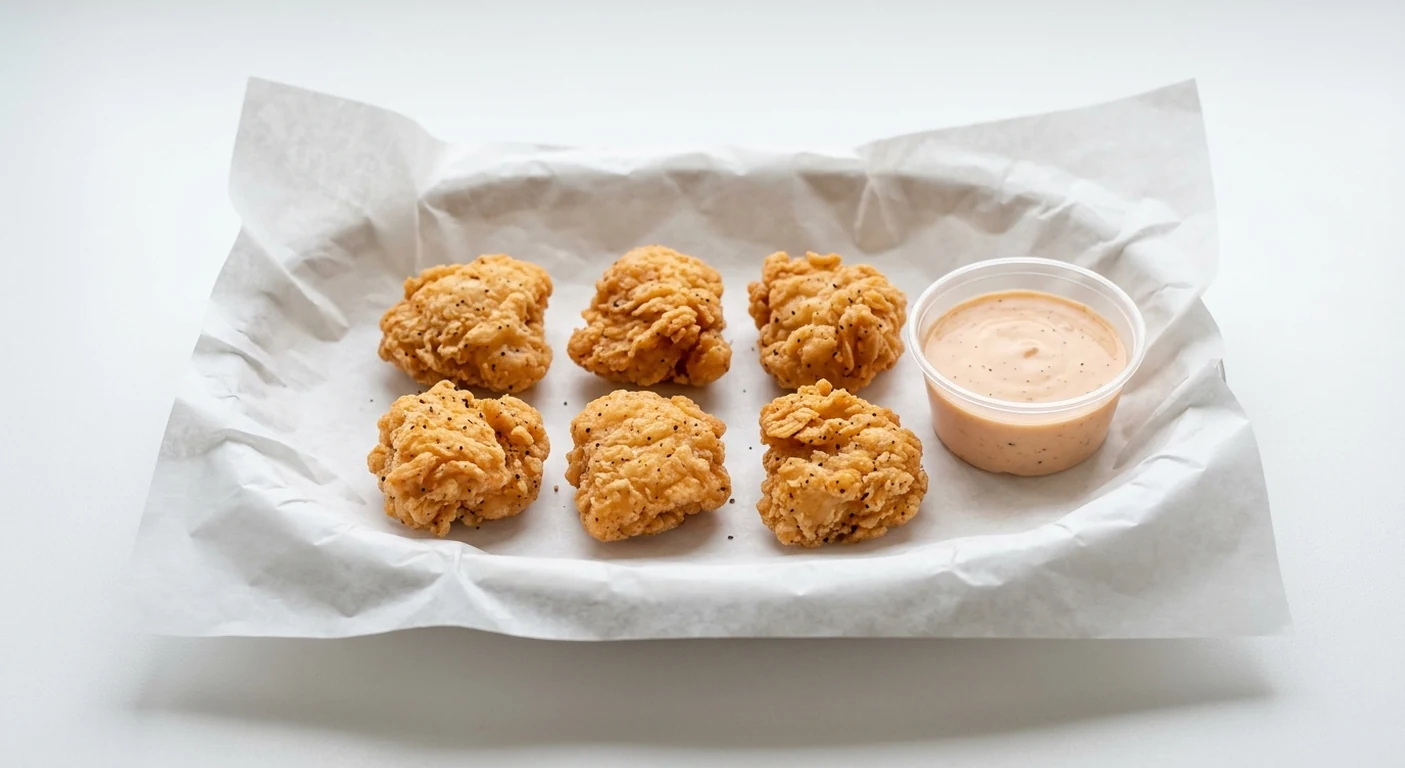 Slim Chickens 6 Boneless Bites, six hand-breaded boneless fried chicken bites with a Slims Sauce dip on white paper, nutrition and calories
