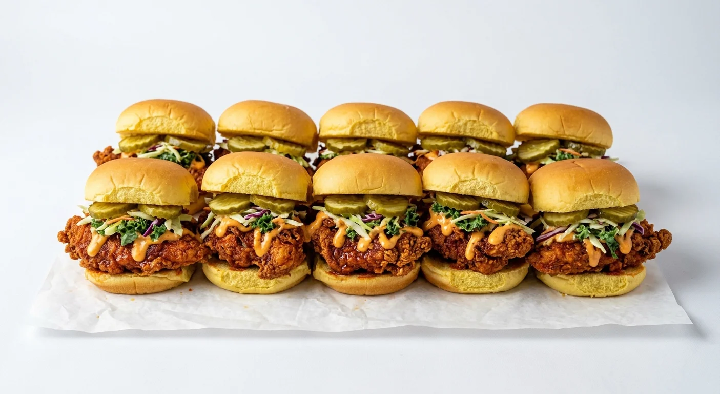 Dave's Hot Chicken Hot Box Sliders, ten medium-spiced hot chicken sliders with Dave's sauce, slaw and pickles on white paper, nutrition and calories